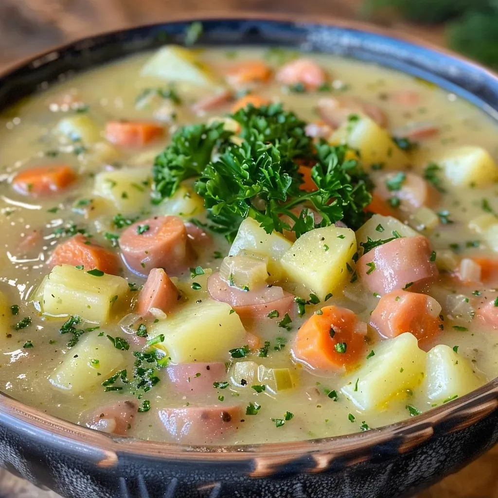 Close-up view of a creamy German Potato Soup garnished with fresh parsley and pieces of sausage.