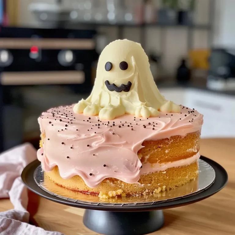 Close-up side view of a beautifully decorated Ghost Cake with vibrant frosting.