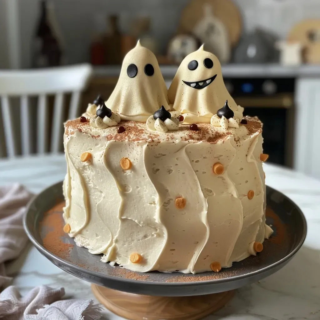 Detailed side view of Ghost Cake showcasing its layers and colorful icing.