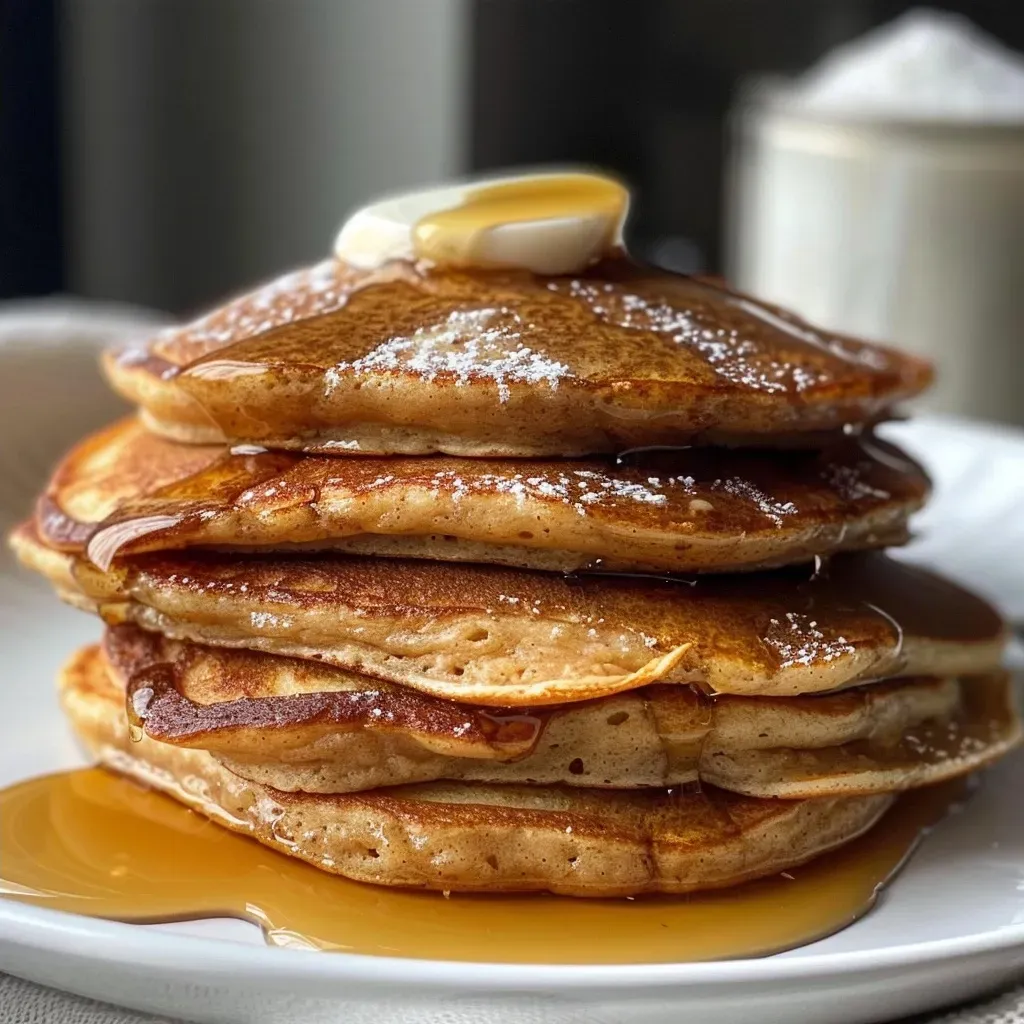 Side view of fluffy ginger pancakes drizzled with maple syrup.