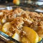 Close-up view of a freshly baked Ginger Pear Cobbler with golden crust and juicy pear slices.