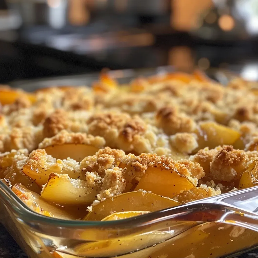 Side angle shot of a steaming Ginger Pear Cobbler, showcasing its crumbly topping and pear filling.