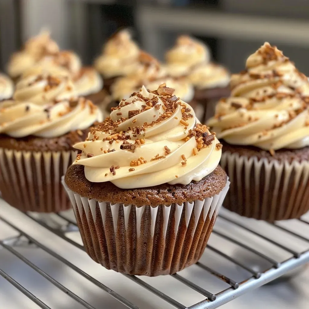 Juicy gingerbread cupcakes with cream cheese frosting, with ingredients visible in the background.