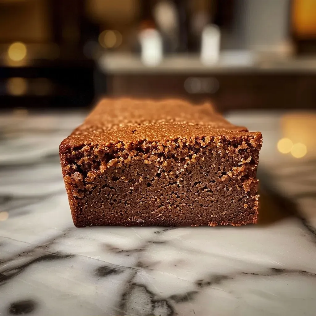 Close-up shot of a moist gingerbread loaf showcasing its rich, dark color.