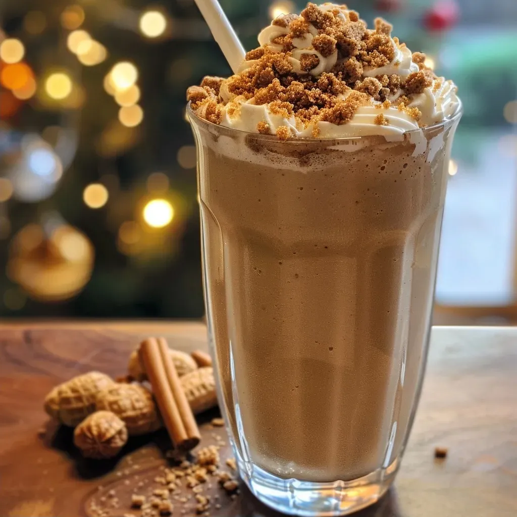 Side view of a delicious gingerbread milkshake in a glass, showcasing its rich texture and spices.