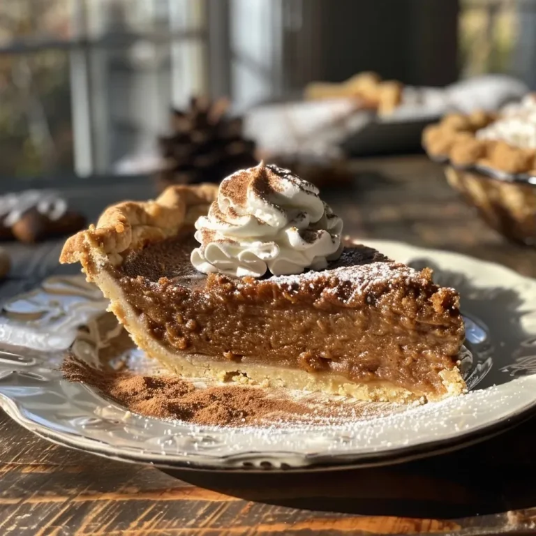 A close-up side view of a delicious gingerbread pie with a golden crust, topped with whipped cream and gingerbread cookie pieces.