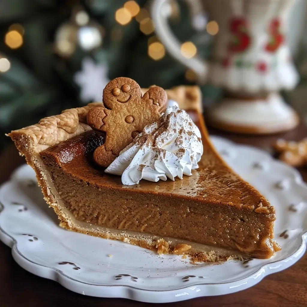 Juicy gingerbread pie displayed on a plate, showcasing its rich filling and crust, adorned with whipped cream and festive decorations.