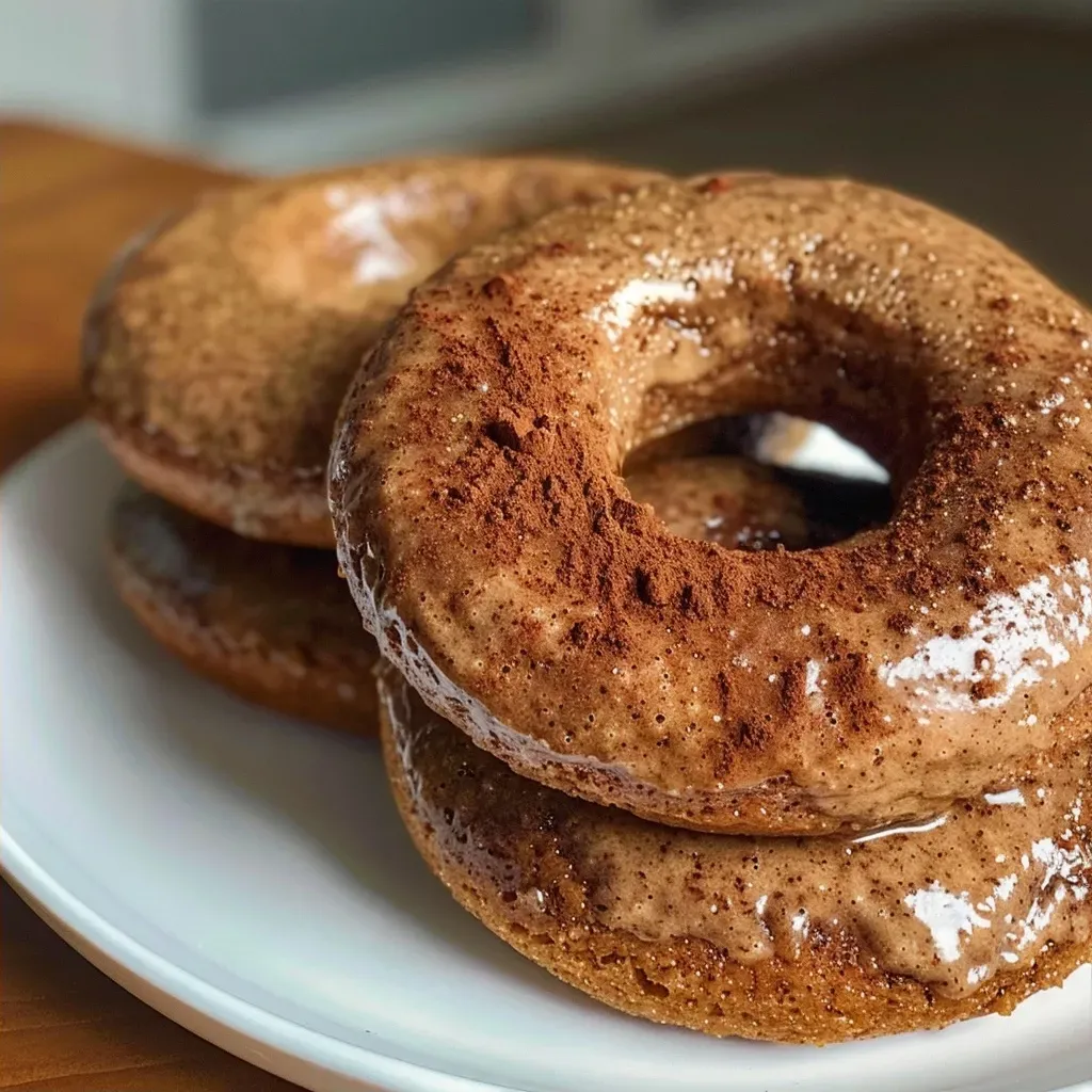 Juicy gingerbread protein donuts displayed on a rustic wooden surface.
