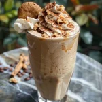 Close-up view of a creamy gingerbread protein shake in a glass, topped with whipped cream and a gingerbread cookie.