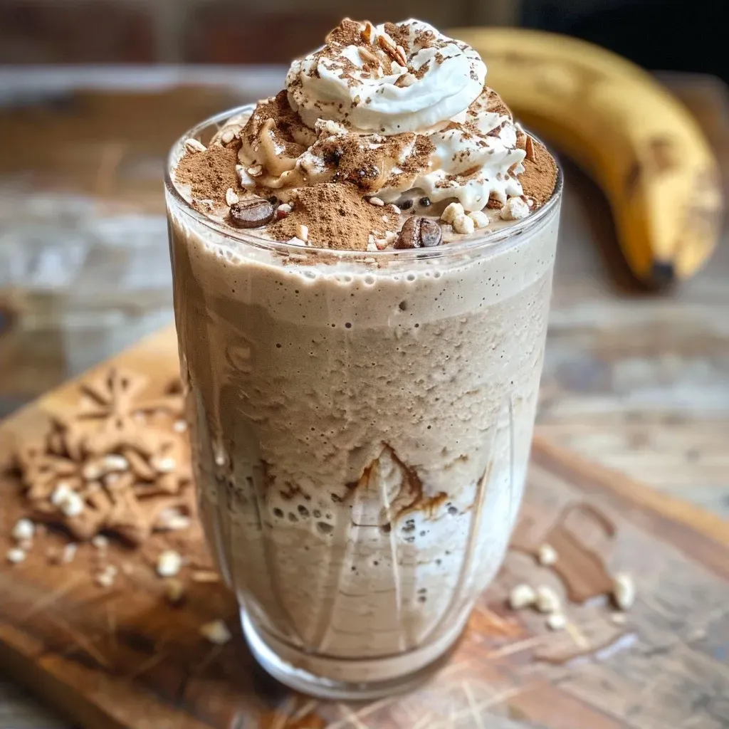 Side view of a delicious gingerbread protein shake with ice cubes and smooth texture, garnished with whipped cream.