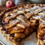 Close-up side view of a freshly baked Gingerbread Spice Apple Pie, showcasing its golden crust and apple filling.