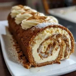 Close-up side view of a Gingerbread Swiss Roll Cake on a white plate.