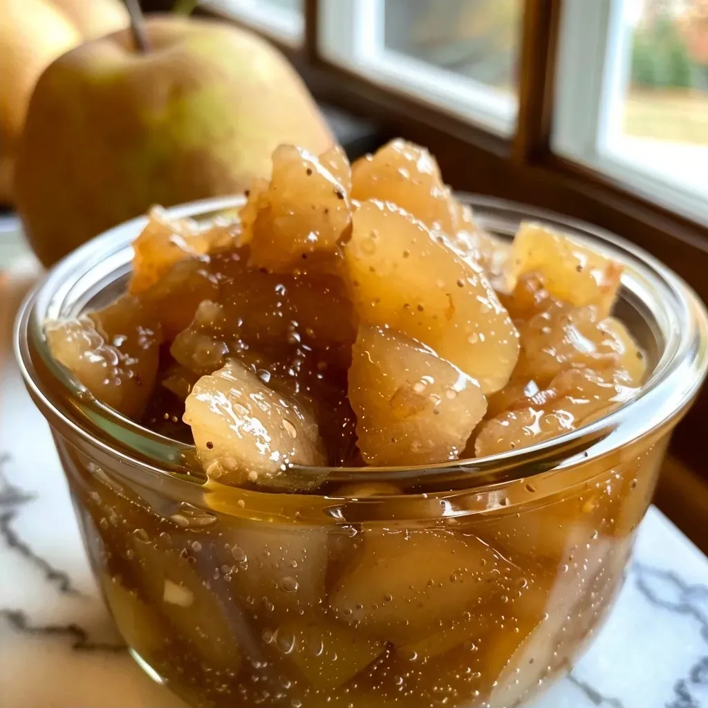 Side angle shot of gingered pear preserves in a jar, highlighting the vibrant color and visible ginger pieces.