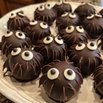 Close-up view of gluten-free Bat Truffles decorated with edible eyes.