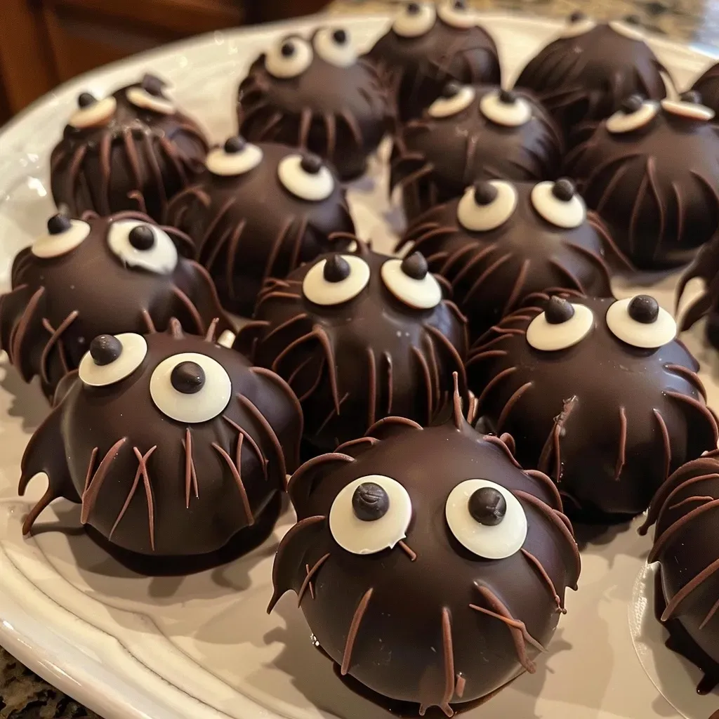 Close-up view of gluten-free Bat Truffles decorated with edible eyes.