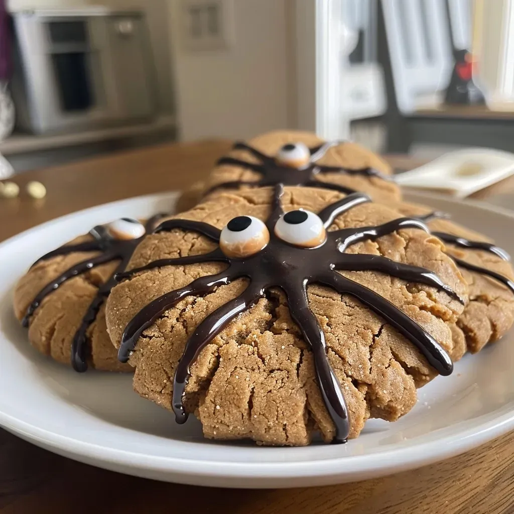 Close-up view of a peanut butter spider cookie decorated with candy eyeballs.