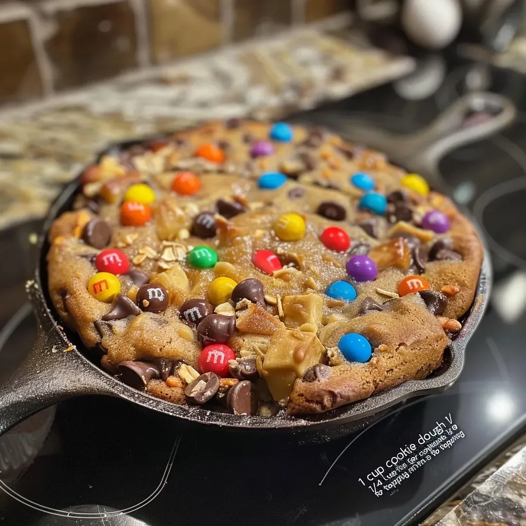 Juicy, warm Goblin Skillet Cookie in a cast iron skillet, featuring chocolate chips and nuts.