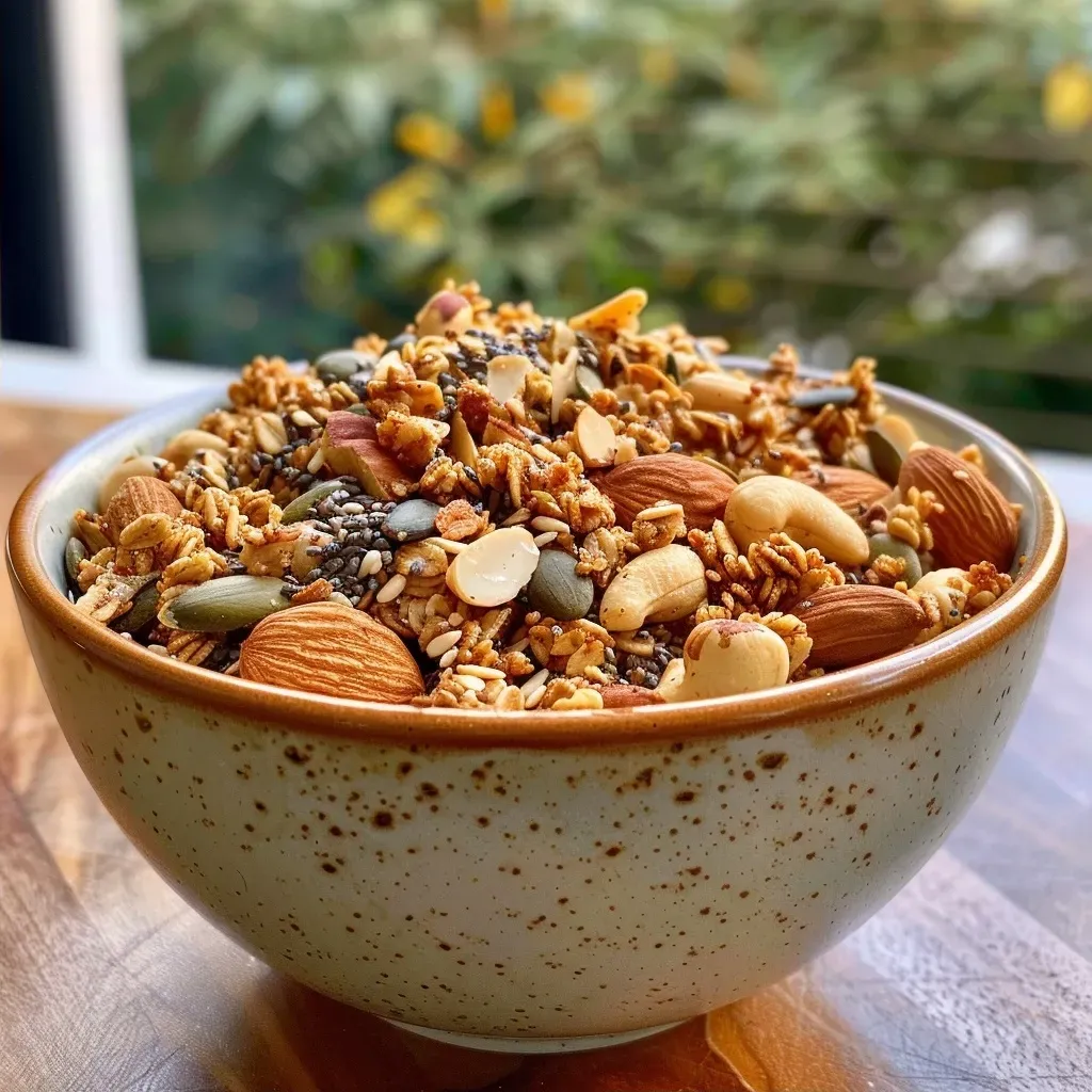 Side view of a bowl filled with colorful grain-free granola ingredients.