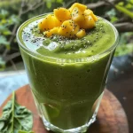 Close-up of a green smoothie in a glass topped with a mint leaf.