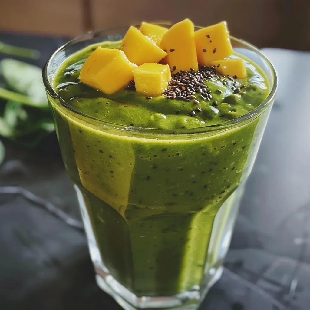Side view of a creamy coconut smoothie filled with vibrant greens and tropical fruits.