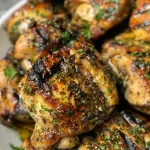 Juicy grilled chicken thighs arranged on a plate, garnished with parsley.