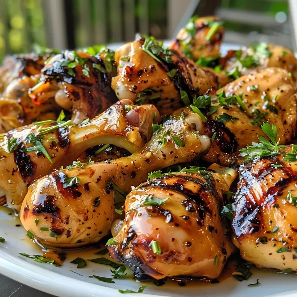 Close-up view of golden-brown grilled chicken thighs glistening with marinade.
