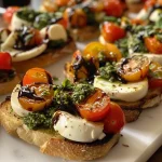Close-up of Halloween-themed bruschetta featuring vibrant cherry tomatoes and mozzarella pearls.
