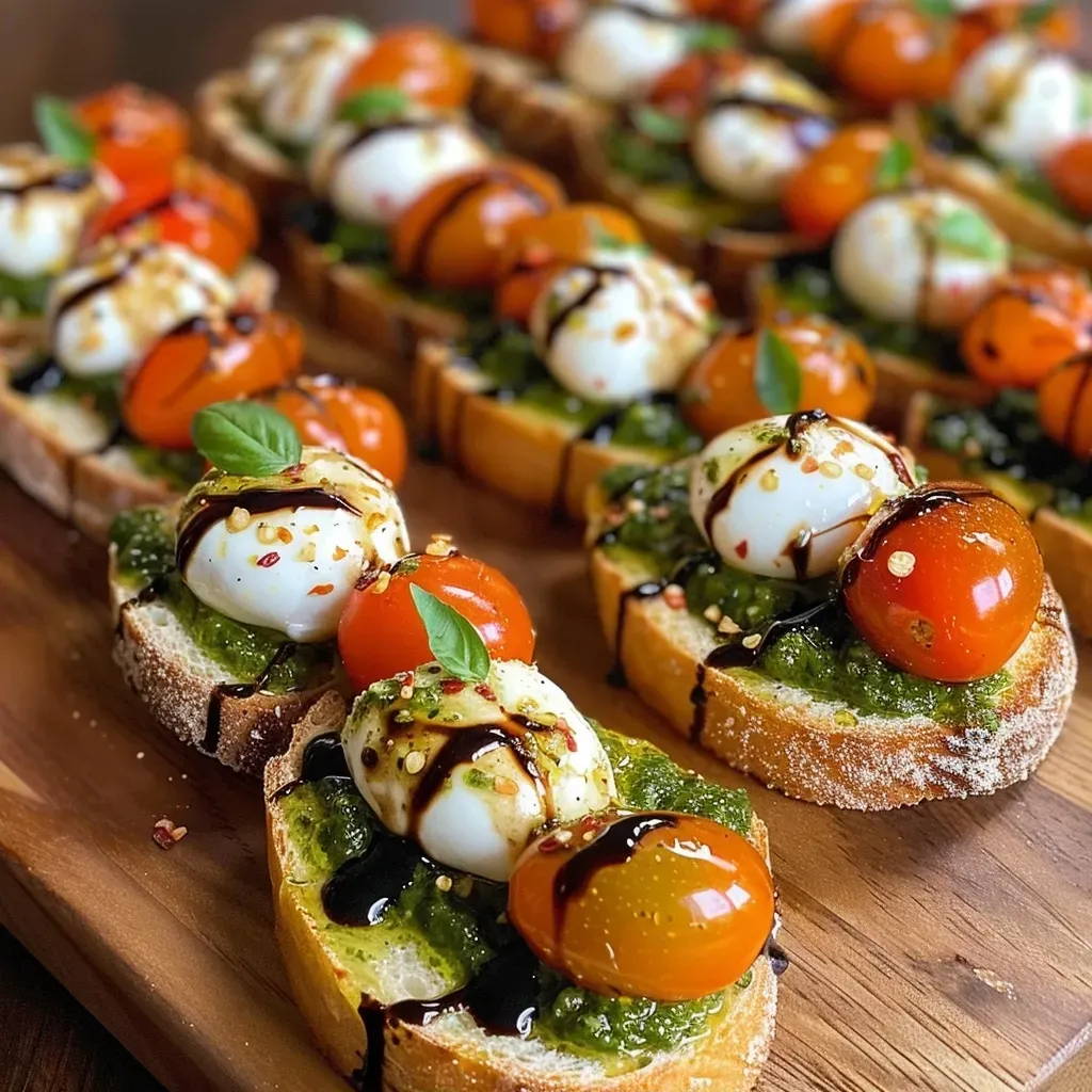 Side view of a festive bruschetta appetizer decorated for Halloween with black gel food coloring.