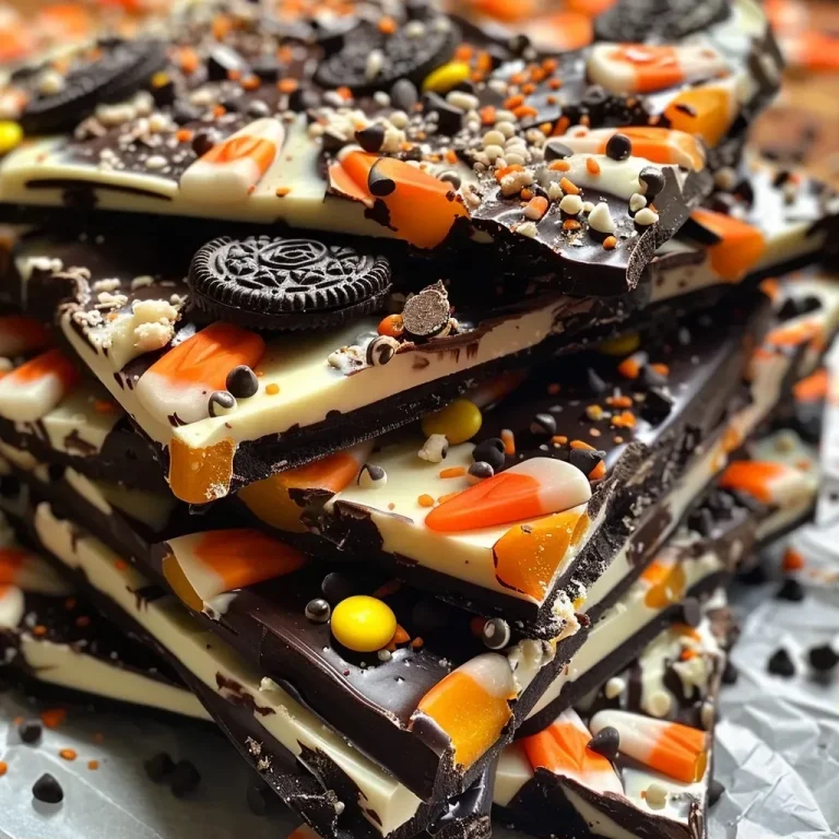 Close-up of Halloween-themed chocolate bark decorated with candy corn and Oreo pieces.
