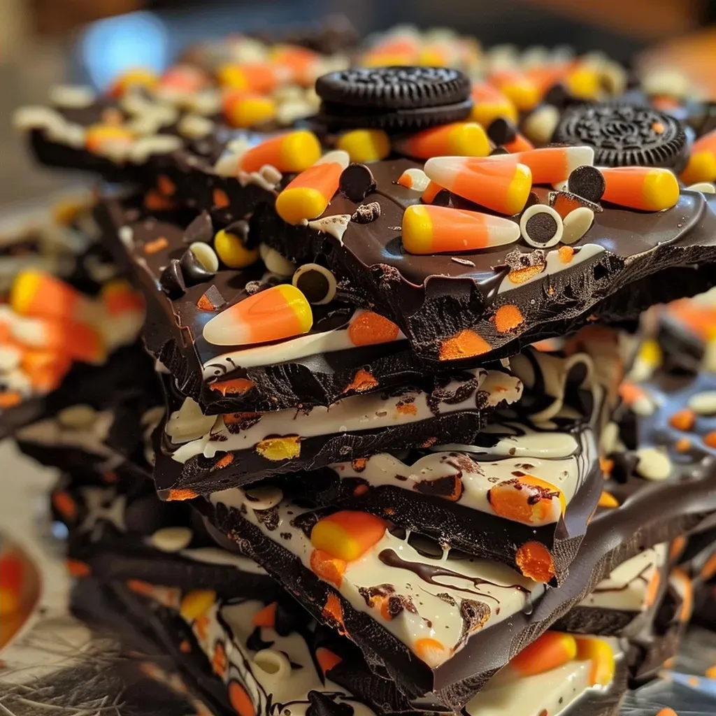 Side view of chocolate bark featuring dark and white chocolate, candies, and decorative icing.