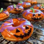 Colorful Halloween-themed donuts shaped like slime monsters.