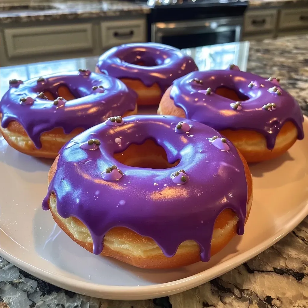 Close-up view of festive donuts decorated with gooey icing and monster features.