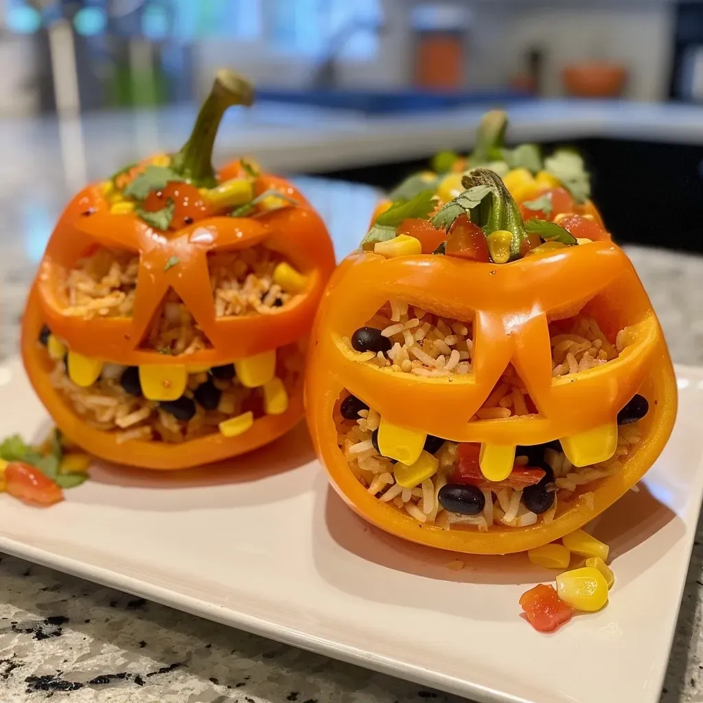 Side view of vibrant orange bell peppers carved into Jack-O'-Lantern faces, stuffed with a savory mixture.