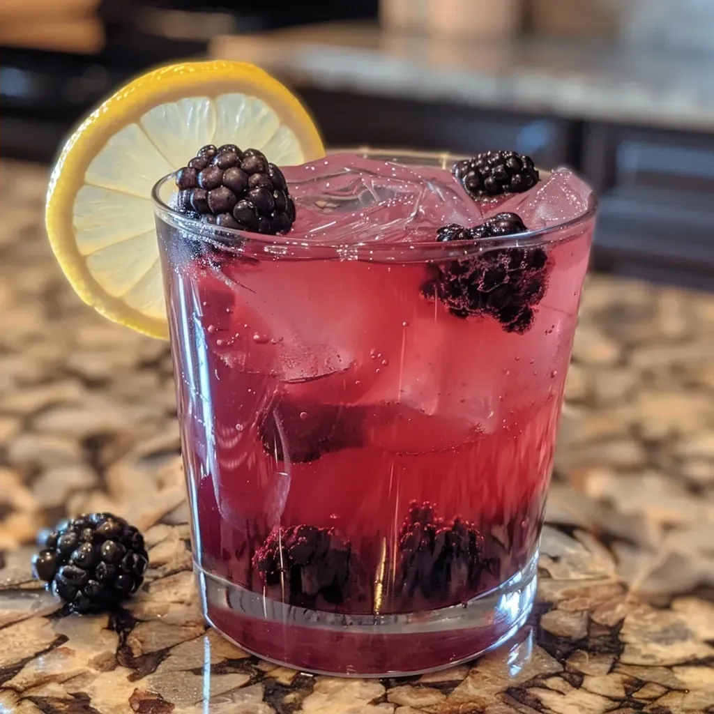 Side view of a vibrant Halloween mocktail garnished with fresh blackberries.