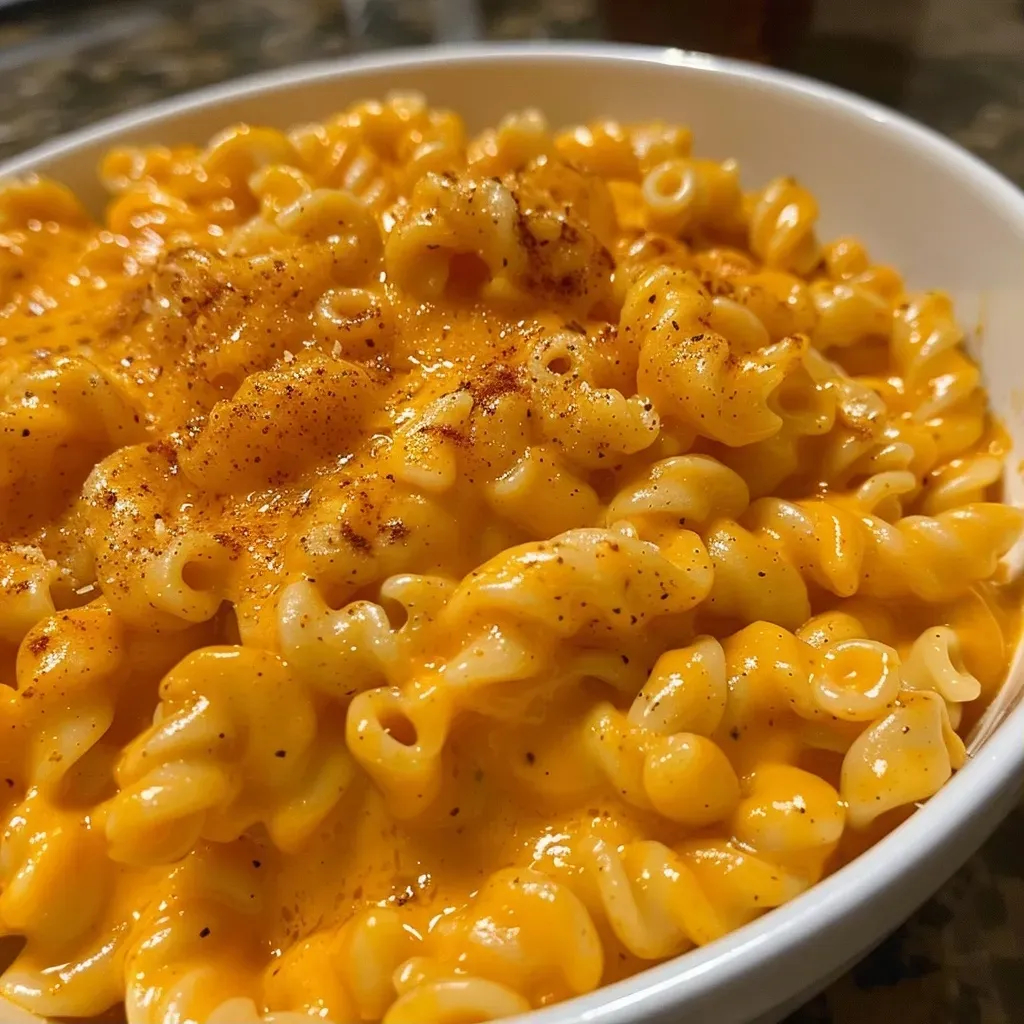 Close-up of creamy Halloween Pumpkin Ale Mac and Cheese with rotini pasta.