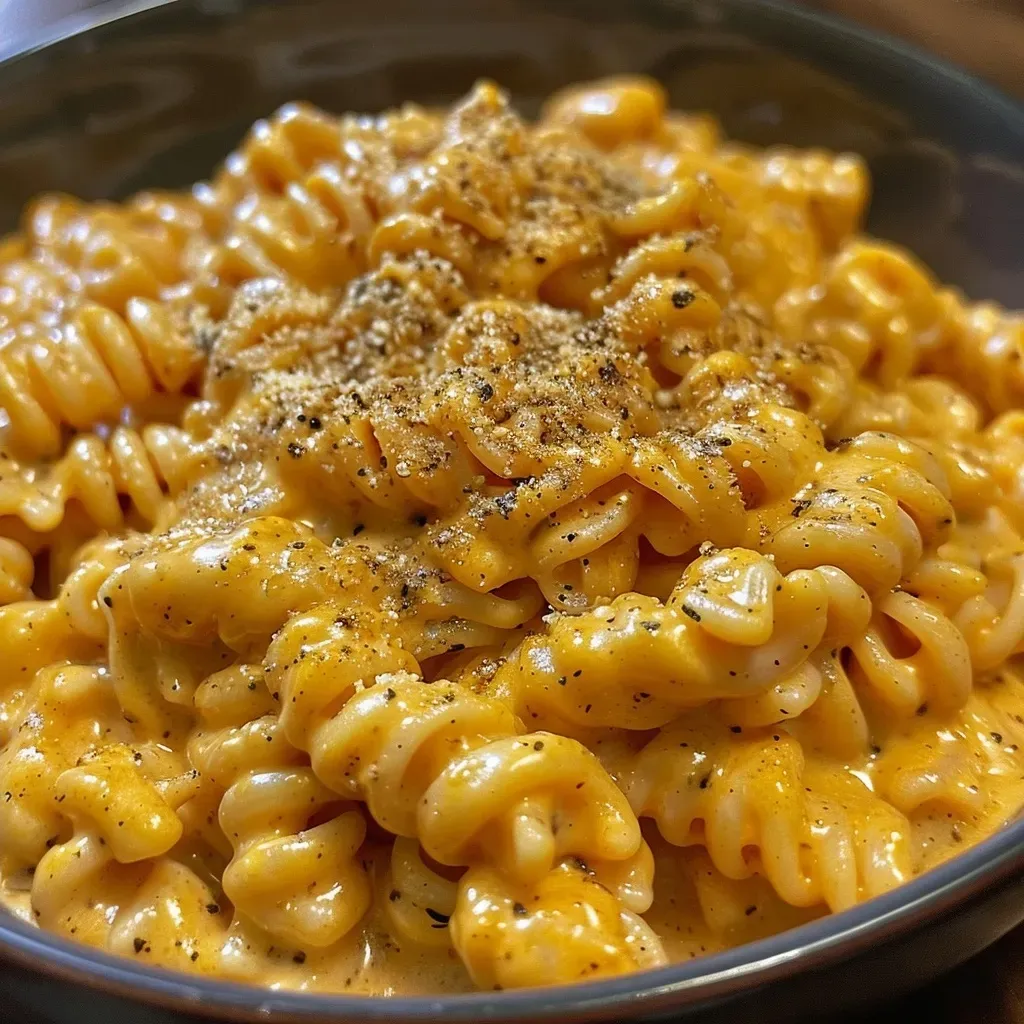 Side view of a bowl filled with Halloween-themed Pumpkin Ale Mac and Cheese.