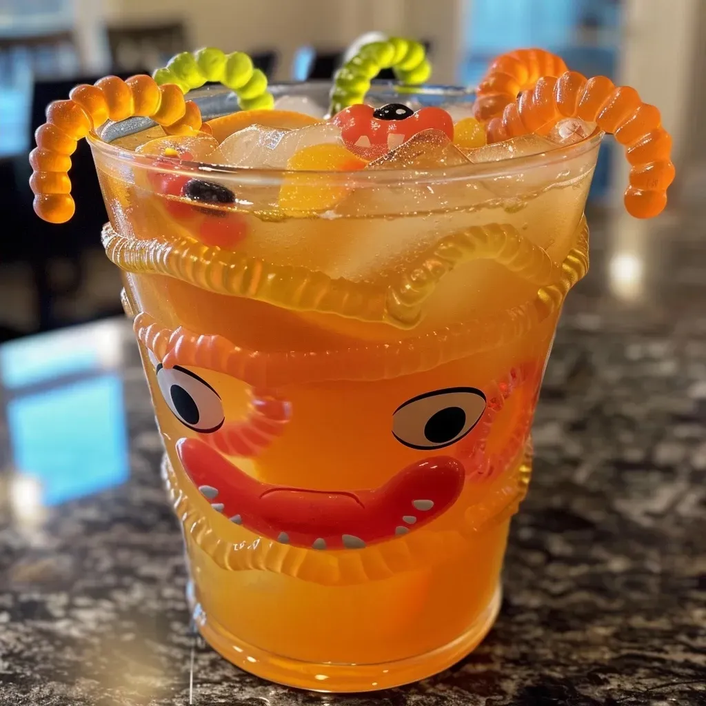 Side view of a spooky punch featuring orange and red hues, ice cubes, and festive candy decorations.
