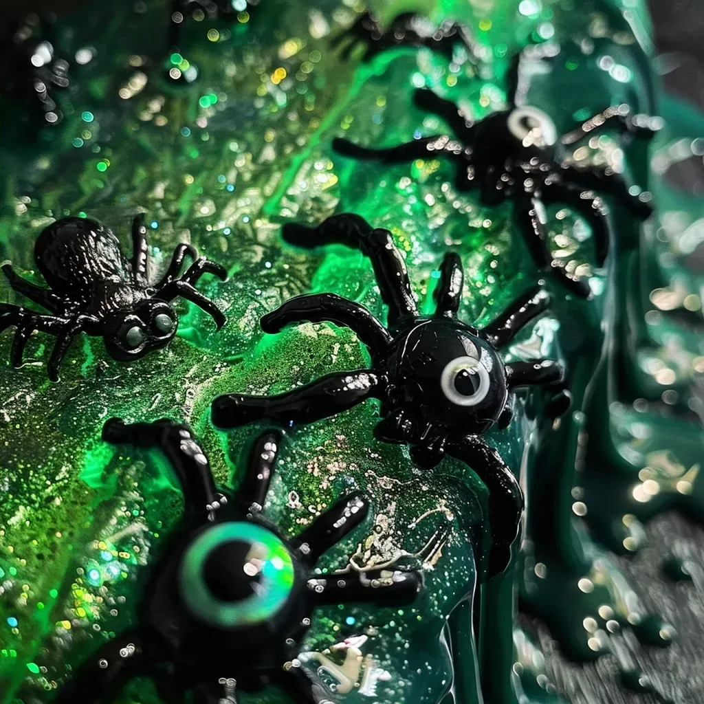 Juicy Halloween slime in a side profile, showcasing a glittery green texture and decorative plastic bats.