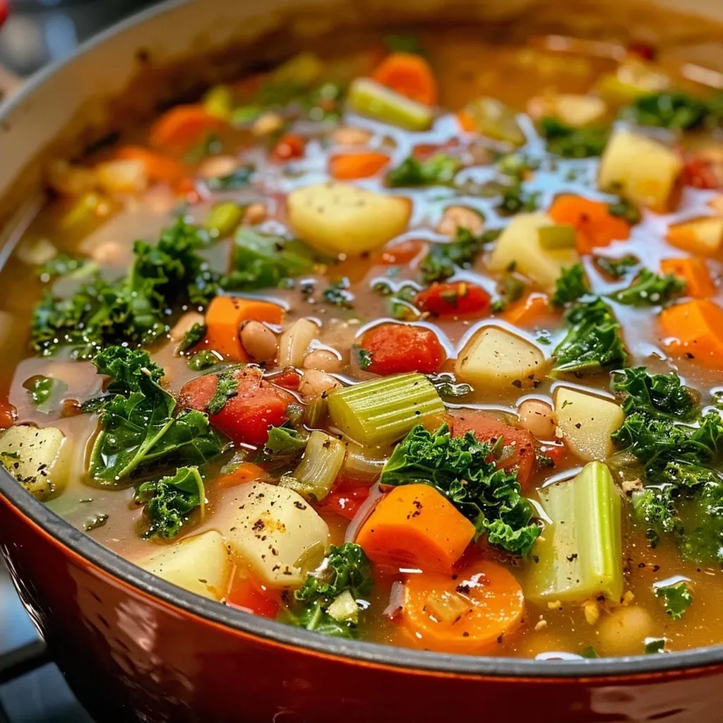 Colorful harvest vegetable soup in a bowl, showcasing fresh ingredients.