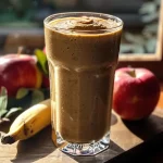 Close-up of a vibrant green and red apple and peanut butter smoothie in a glass.