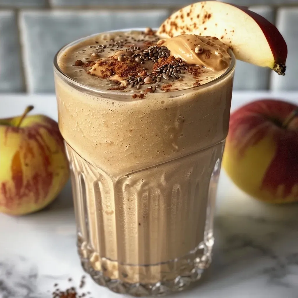 A healthy smoothie made with apples, banana, and peanut butter, presented in a clear glass.