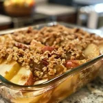 Close-up view of a healthy apple crisp dish with apple slices and nuts.