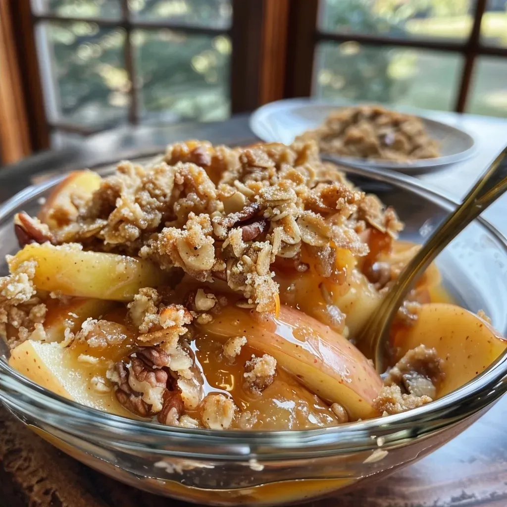 Side view of a baked apple crisp, showcasing its golden-brown topping and juicy filling.