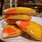 Close-up view of healthy candy corn sugar cookies with vibrant colors.