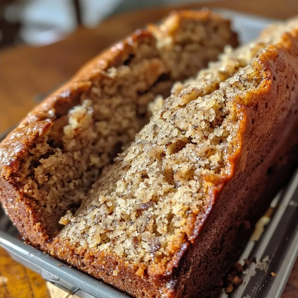Side view of moist banana bread topped with a creamy cashew glaze.