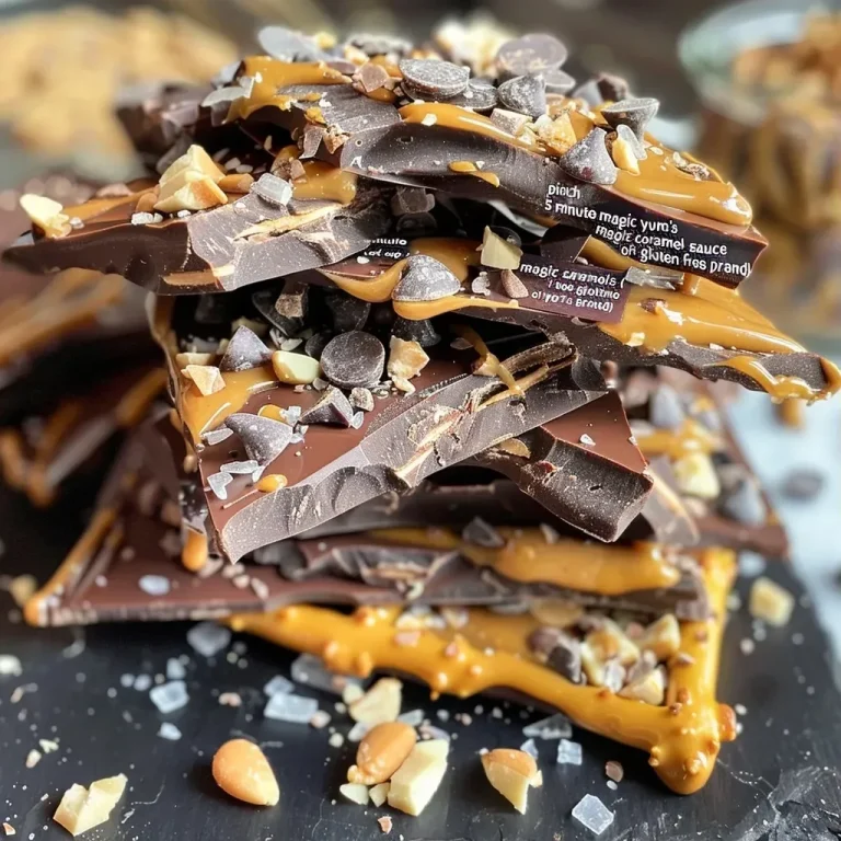 Indulge Guilt-Free: Whip Up This Healthy Dark Chocolate Bark with Salted Caramel and Pretzels Close-up view of healthy dark chocolate bark topped with salted caramel, peanut butter, and pretzels.