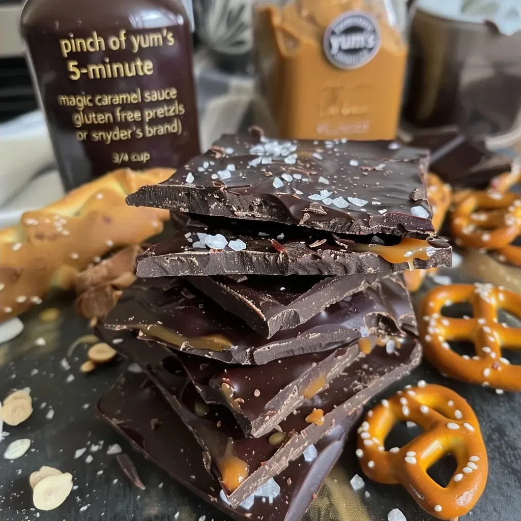 Side shot of dark chocolate bark with a glossy finish, featuring caramel drizzles and crunchy pretzel pieces.