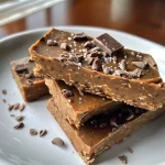 Close-up of a healthy no-bake protein bar with a rich chocolate coating and sprinkled sea salt.