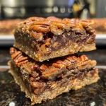 Close-up view of healthy pecan pie bars with a golden crust and chopped pecans on top.