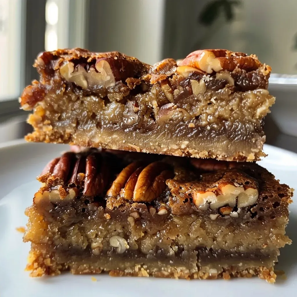 Side view of freshly baked healthy pecan pie bars, showcasing their texture and ingredients.